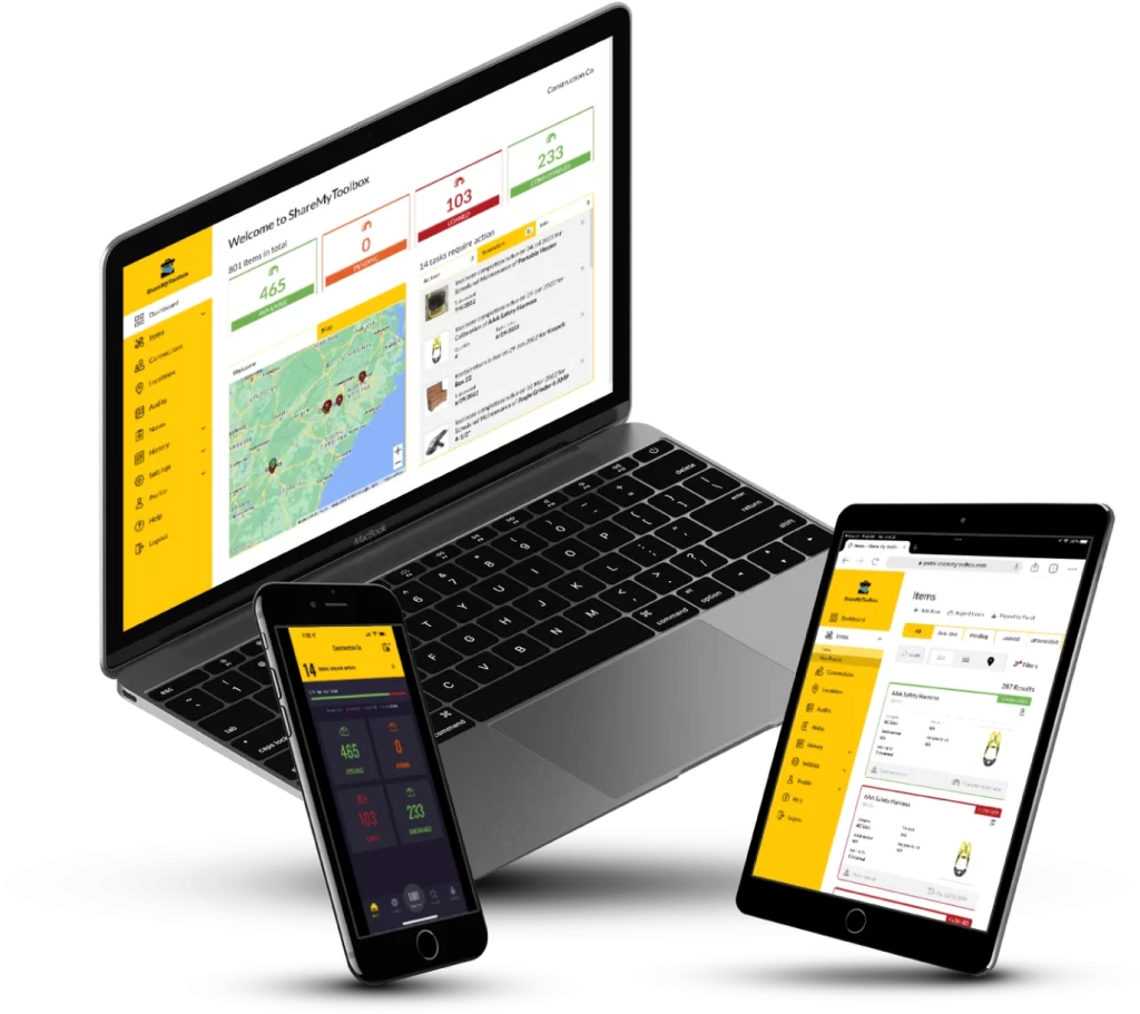 ShareMyToolbox shown on a laptop, tablet, and phone: Capterra Tool Tracking