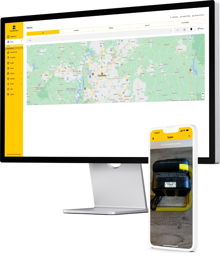 ShareMyToolbox web portal on desktop and tool scanner on mobile app