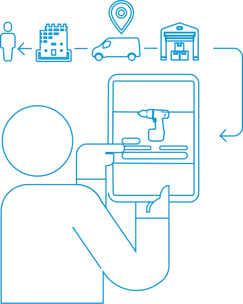 drawing of person using a tablet showing the ShareMyToolbox workflow.