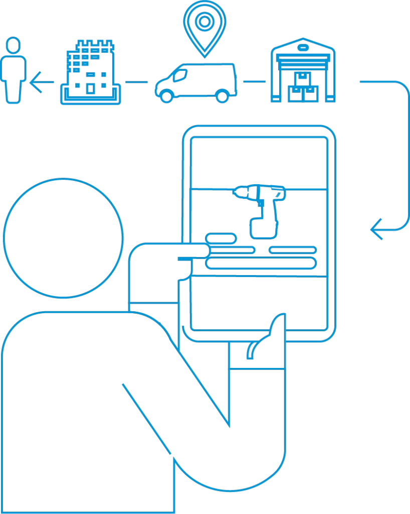 drawing of person using a tablet showing the ShareMyToolbox workflow. Love Using Technology.