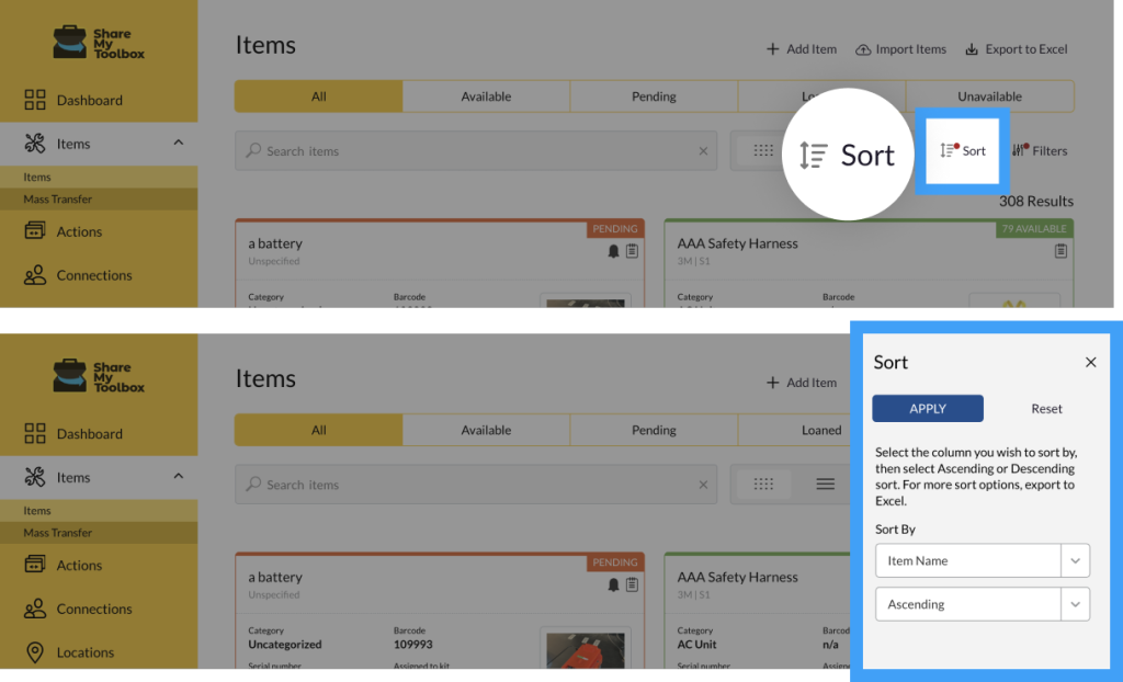 sort using the Sort Button on ShareMyToolbox 
