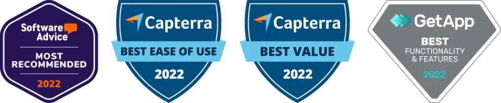 Software Advice Most Recommended, Capterra Best East of Use and Best Value, GetApp Best Functionality and Features