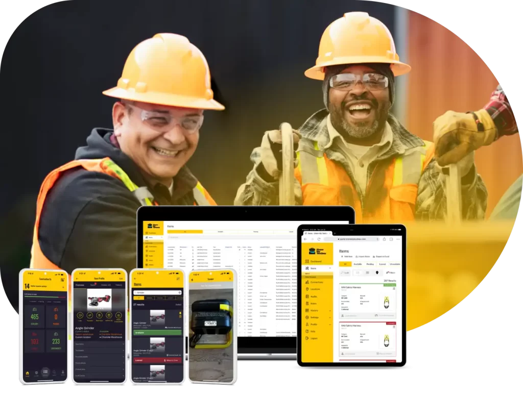 2 smiling construction workers on a jobsite, with ShareMyToolbox products in the foreground. 