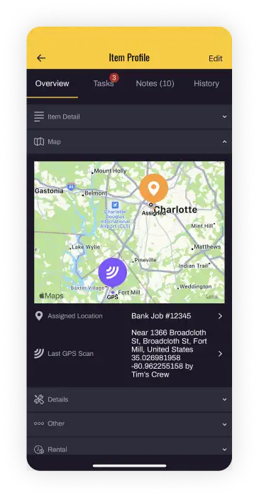 ShareMyToolbox App showing GPS Tool Tracking on Map with location pins.