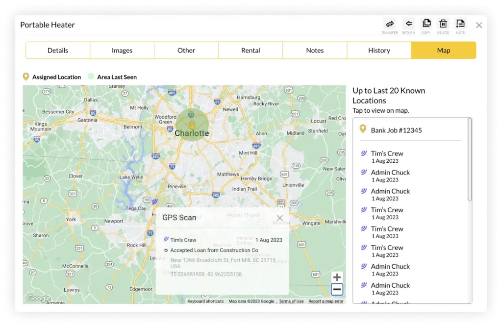 ShareMyToolbox Web Portal showing the new Map tool with GPS location pins, Assigned Location, Area Last Seen, and up to 20 known last locations of the tool. 