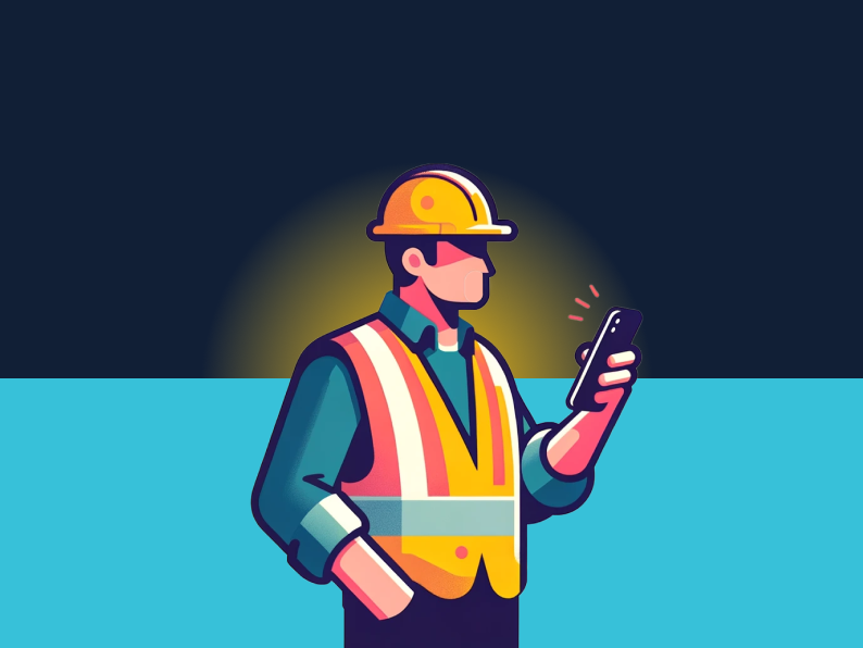 Construction worker looking at a smartphone using ShareMyToolbox for maintenance and calibration.