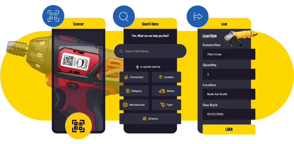 ShareMyToolbox screens on a mobile device showing it scan a hand tool drill and all the options for tool tracking with ShareMyToolbox. 