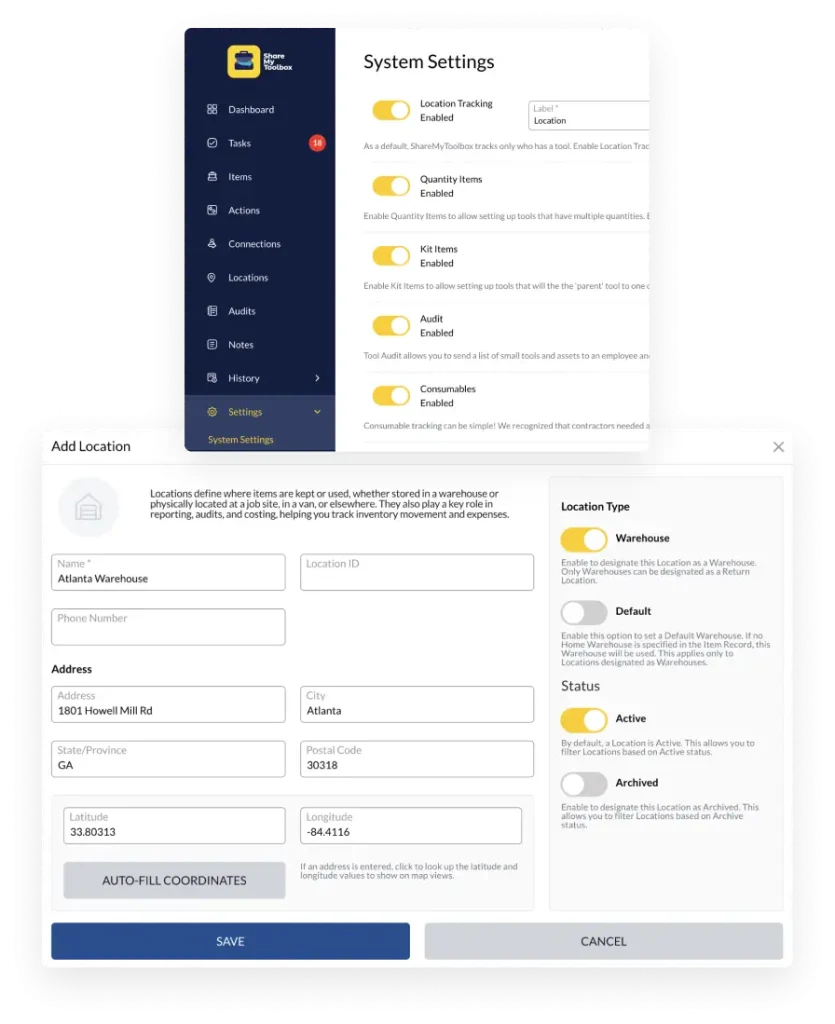 updated system settings for multi-location inventory management in ShareMyToolbox 