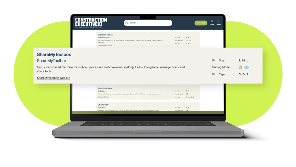 CE2025 Website on a laptop showing ShareMyToolbox Recognized as a 2025 Construction Executive Top Tech™ in Asset Management