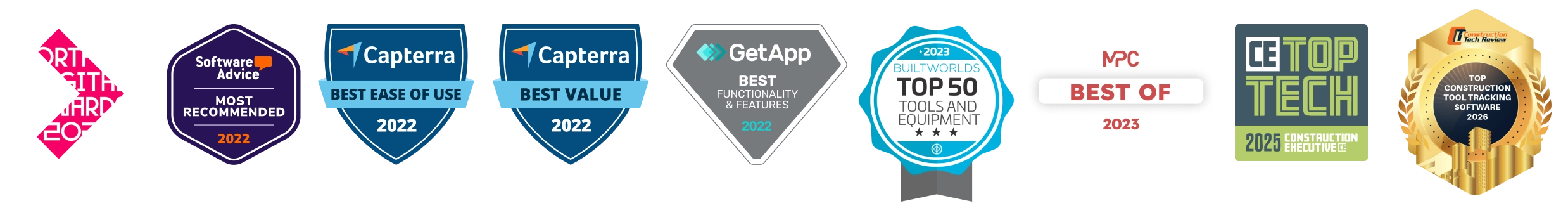 awards-2026 Free trial recognized by Northern Digital Awards 2024 Winner, Software Advice Most Recommended, Capterra Best East of Use, Capterra Best Value, GetApp Best Functionality and Features, BuiltWorlds Top 50 Tools and Equipment, MPC Best of, 2024 Construction Executive Top Tech Award Winner, 2026 Top Construction Tool Tracking Software