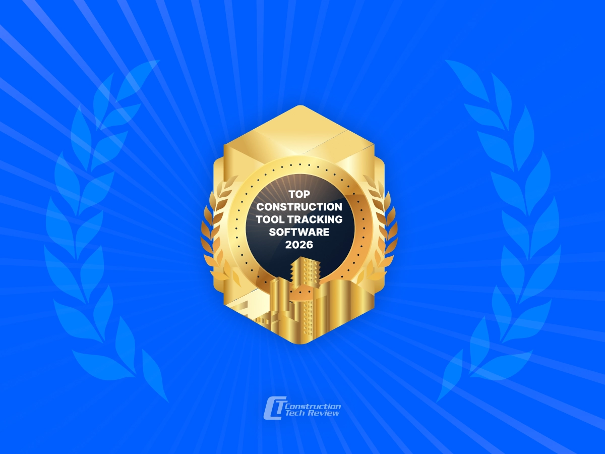 Award Badge showing ShareMyToolbox selected as Top Construction Tool Tracking Software 2026 over a blue background