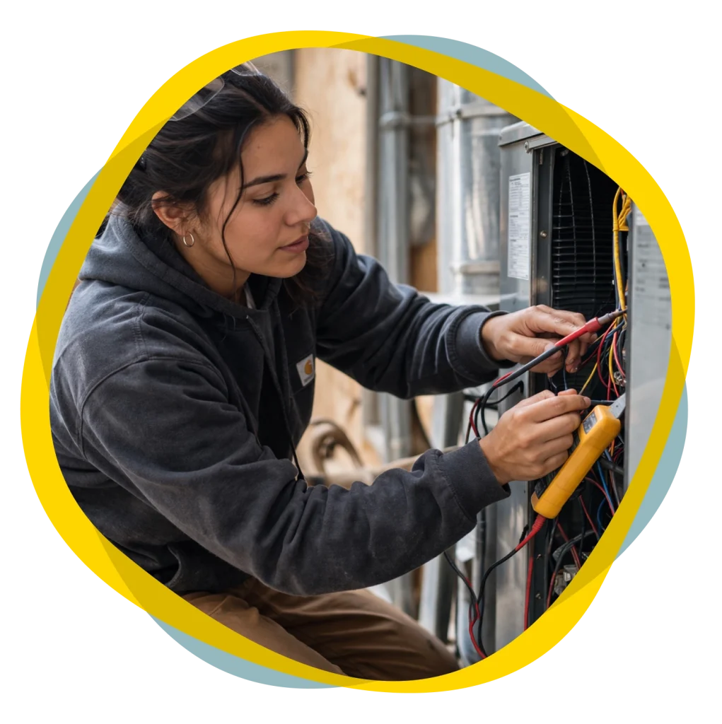 Tools for Success Young Woman Electrician Apprentice working on an electrical panel using a meter