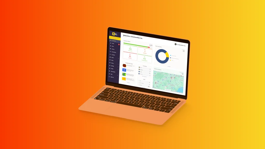 ShareMyToolbox shown on a laptop with detailed dashboard for tool tracking and asset management including a screen for GPS tracking, tasks, and inventory.